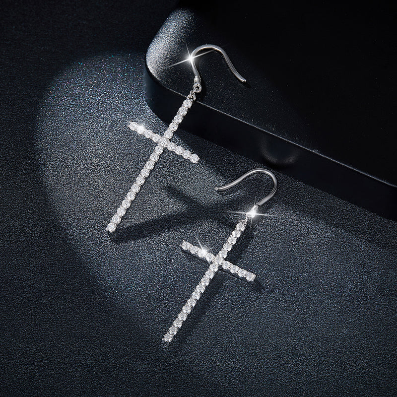 S925 Sterling Silver Moissanite Cross Dangle Earrings  Pave Hook Drop With GRA Certificate Platinum Plated Christian Jewelry Gift Box Set For Women