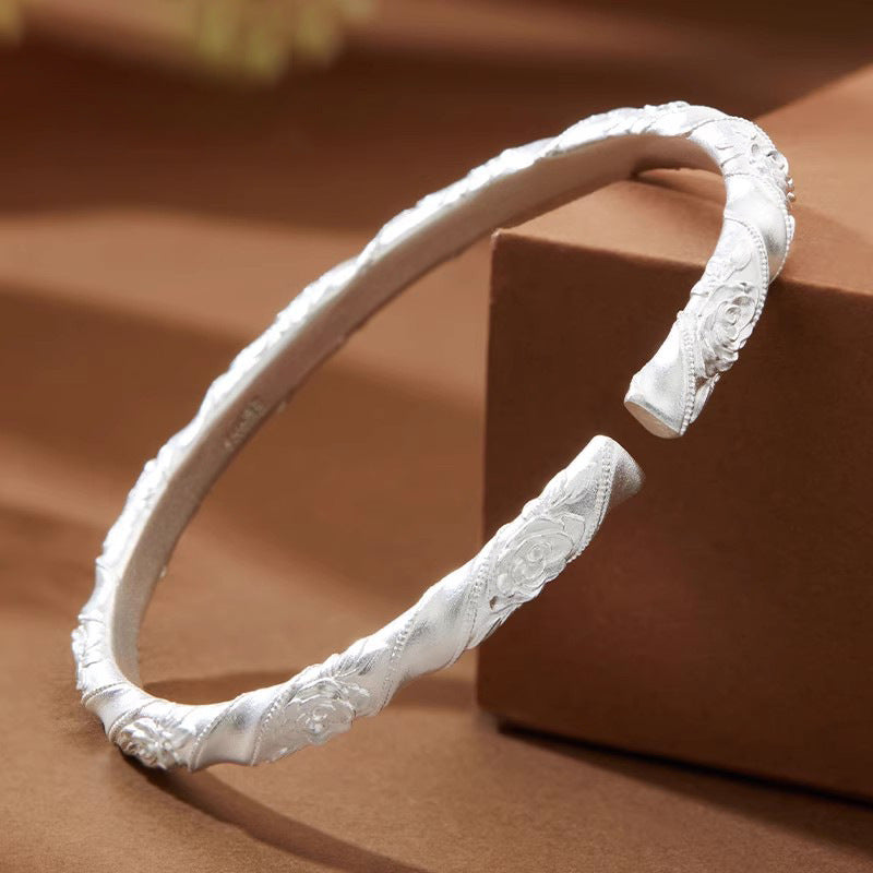 1pcs 925 Sterling Silver Twisted Embossed Rose Open Cuff Bangle, Vintage Elegant Style, For Daily Wear & Women Holiday Gifts