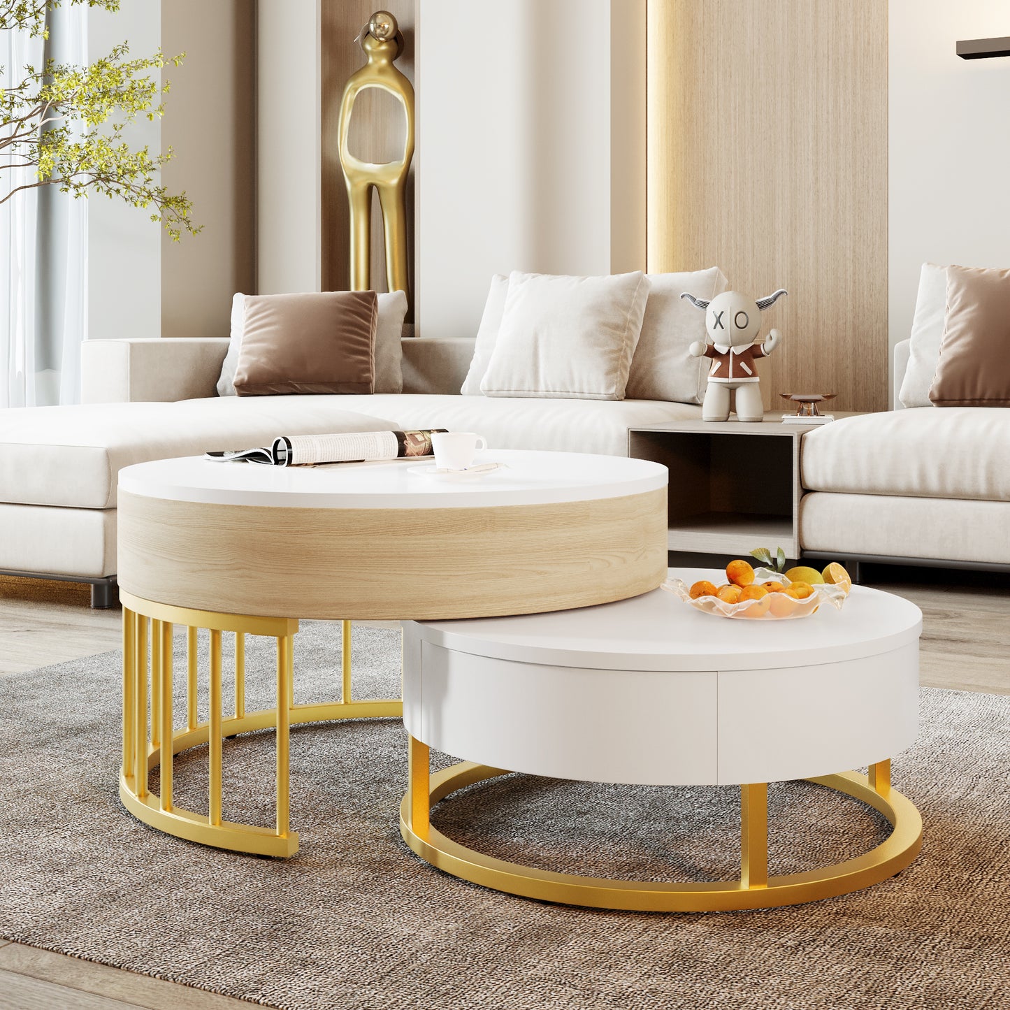 Combination Of Large And Small Round Coffee Table, Height-adjustable Table Top, Drawer, Golden Metal Frame, White Combined With Wood Effect, MDF Body, Multifunctional Living Room Table