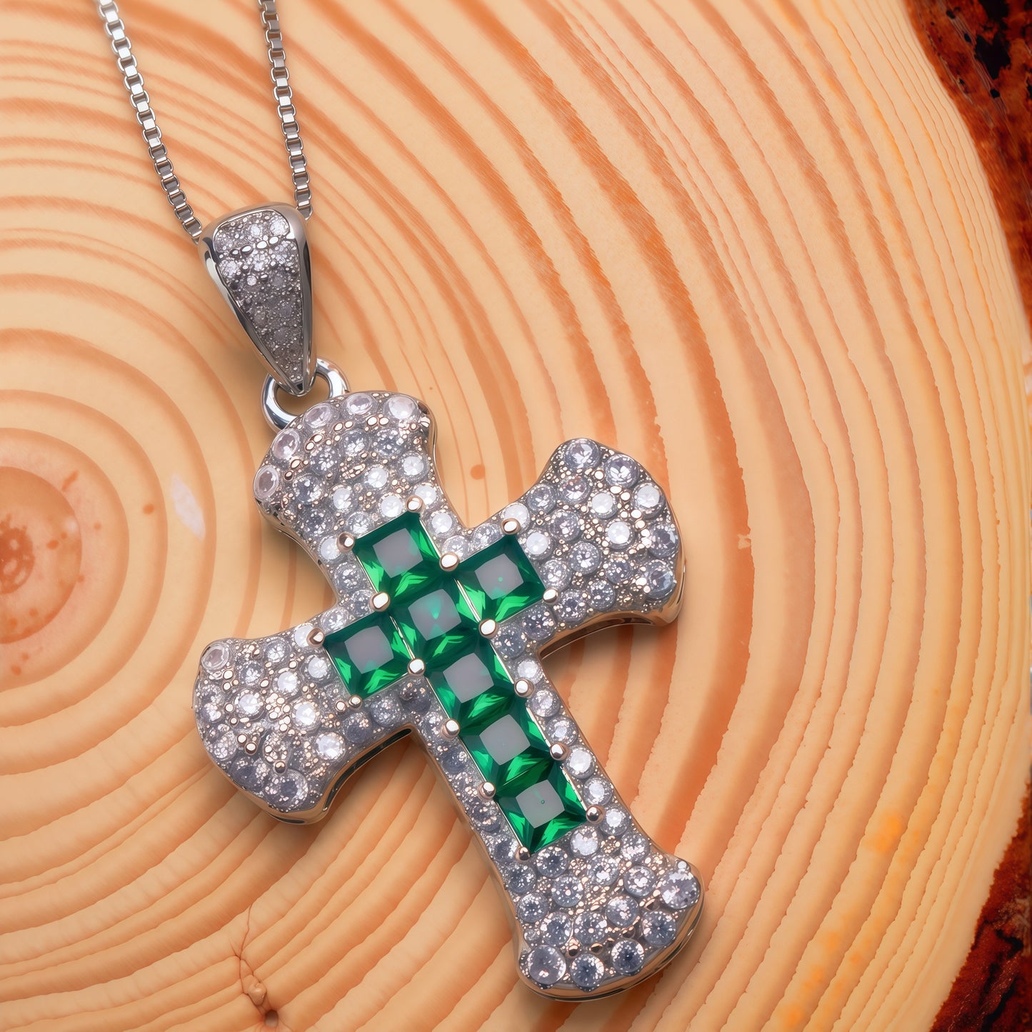Princess Cut Emerald Green CZ Center Cross Pendant Necklace For Women, Copper Plated Silver Full Pave White Cubic Zirconia Religious Faith Christian Jewelry Gift