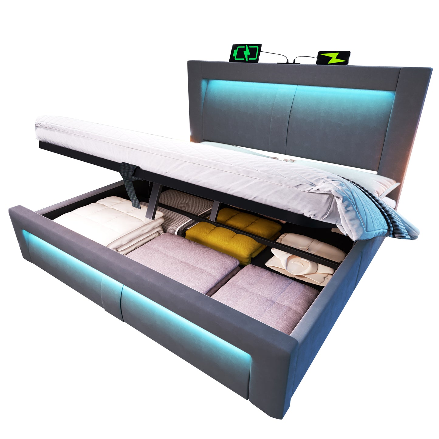Double Bed 160x200 Cm With Storage Space, Hydraulic Bed, LED Lighting With App Control, USB & Type-C Charging Ports, Velvet, Headboard With Curved Design, Grey, Without Mattress