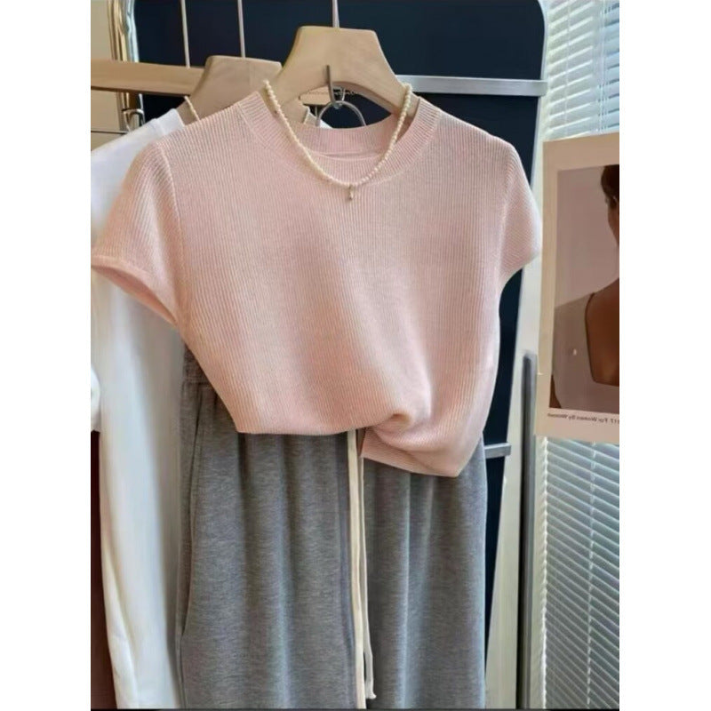 Korean-style Elegant Round-neck Minimalist Knitted Short-sleeve Top For Women