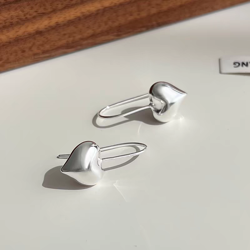 1 Pair 999 Sterling Silver 3D Heart Safety Pin Style Earrings, Minimalist & Trendy, Perfect For Daily, Dating & Gifting, Ideal Valentine's Gift