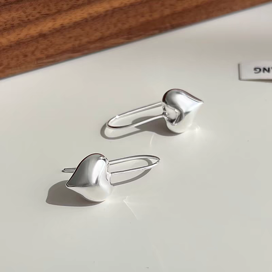 1 Pair 999 Sterling Silver 3D Heart Safety Pin Style Earrings, Minimalist & Trendy, Perfect For Daily, Dating & Gifting, Ideal Valentine's Gift