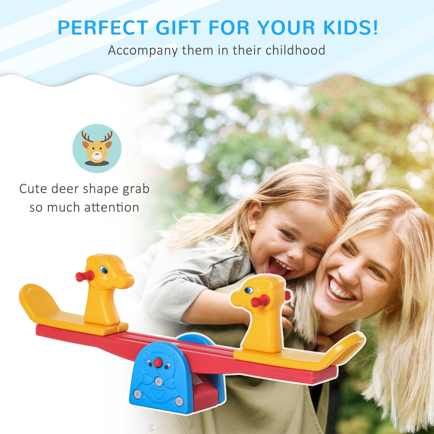 Kids Seesaw Safe Teeter Totter 2 Seats With Easy-Grip Handles, Safe, Indoor Outdoor Living Room Playroom Backyard Equipment, For 1-4 Years Old Multicolor
