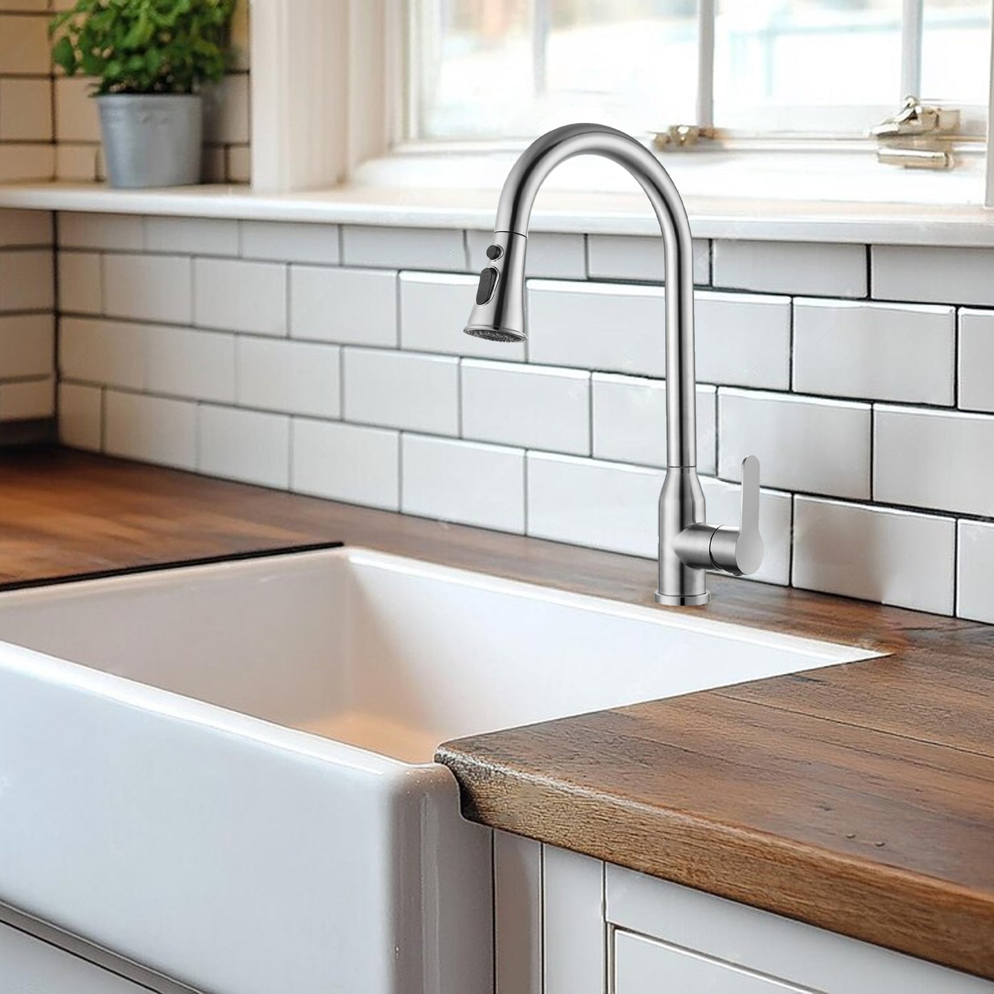 High Single Handle Stainless Steel Brushed Nickle Kitchen Faucets With Pull Down Sprayer