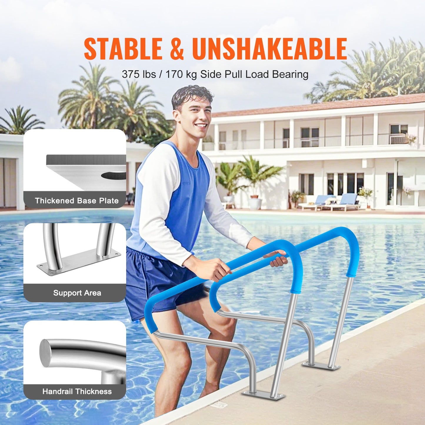 Pool Handrail, 2 PCS 48x36in Pool Railing, Stainless Steel With Base Plate For Indoor/Outdoor Pools,Swimming Pool Safety Railing For Decks,Rust-Proof Grab Bar W/ Grip Cover&Accessories For Spas