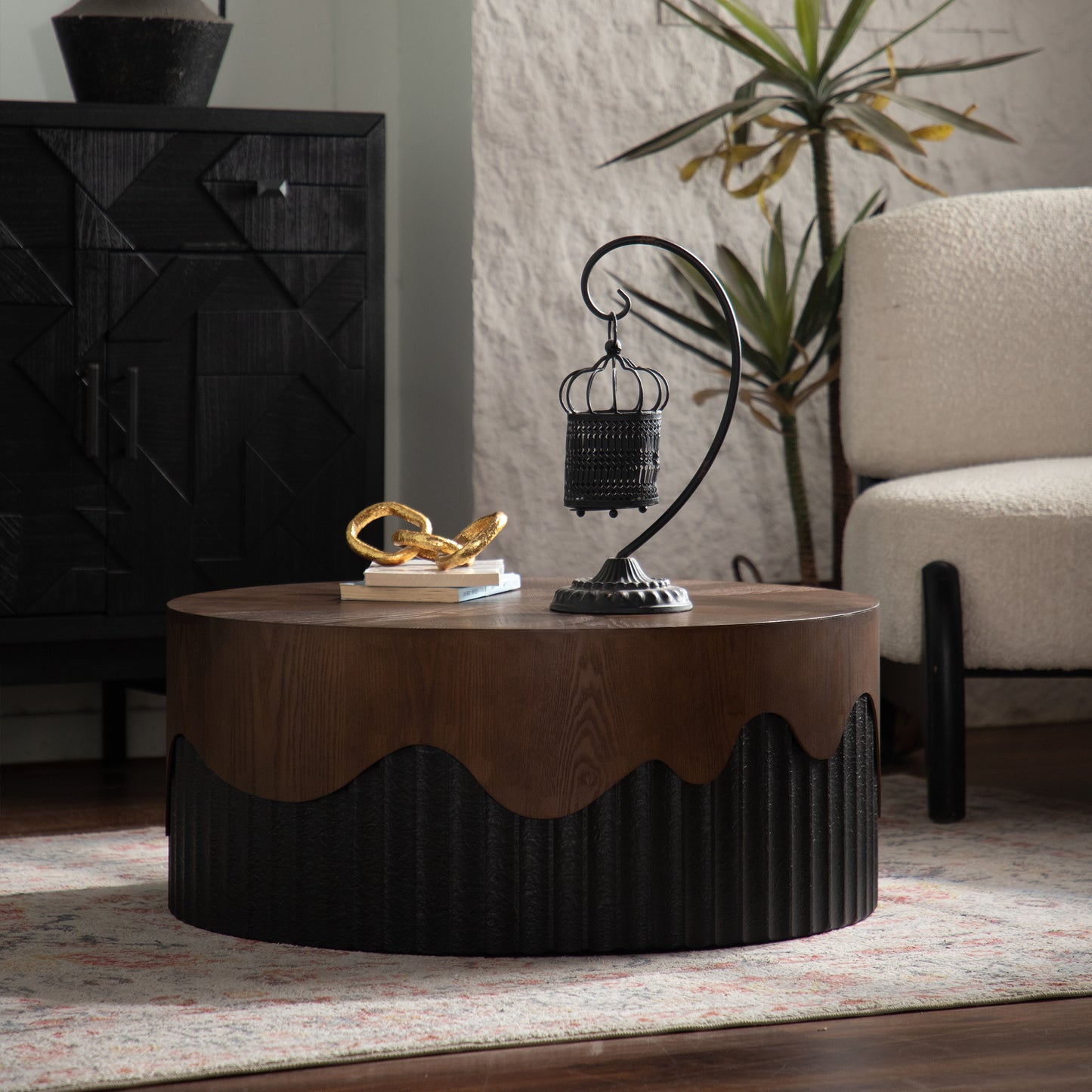30.31  Round Coffee Table Handcrafted Relief Sturdy Pedestal Wooden Tea Table For Living Room No Need To Assemble