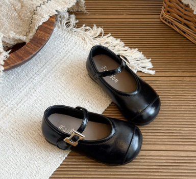 2026 Spring New Arrival Girls' Leather Shoes, Black Korean Style Soft Sole Toddler Flat Shoes, Retro Princess Casual Shoes For Little Girls