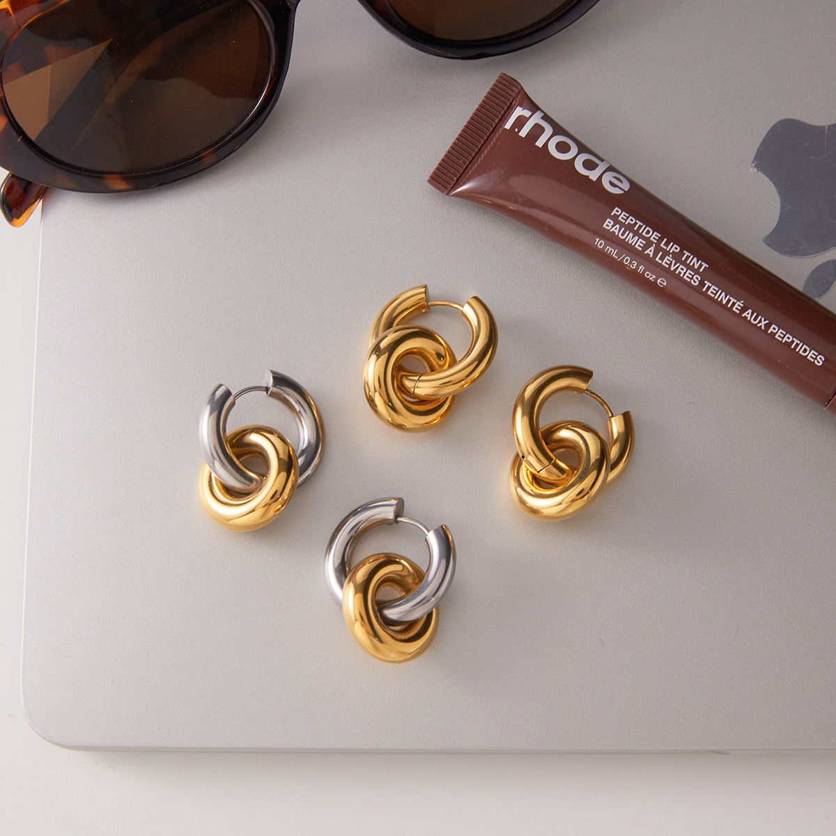 Stainless Steel Double-ring Earrings Light Luxury And High-end Autumnwinter Ear Accessories