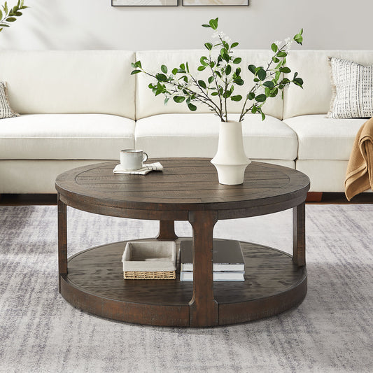 40inch Large Curved 2 Tier Traditional Round Circle Wooden Center Coffee Table,Mid Century Rounded Table With Wheels ,Rustic Style Table For Living Room,Office,Apartment,Brown