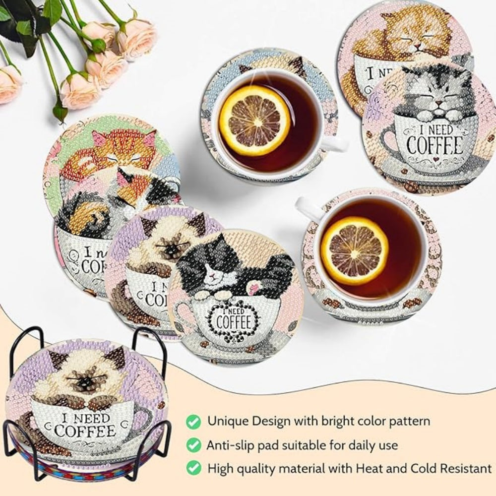 Diamond Art Drawing Coaster With Bracket, DIY Cat Pattern Diamond Art Coaster, Suitable For Adults And Beginners Diamond Drawing Kit, Diamond Kit Craft Supplies, Exquisite Gifts For Friends