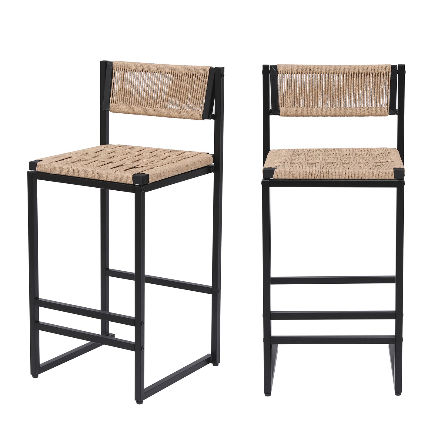 Kitchen Bar Stools With Footrest Set Of 2 Paper Rope Weave Dining Chairs Counter Height Barstool  Style B Black & Honey