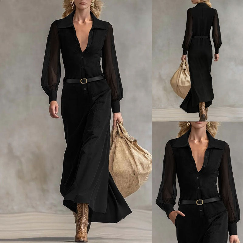 Women's Collared Neck Sheer Puff Sleeve Button Front Belted Maxi Shirt Dress Elegant Office Wear Maxi Dress