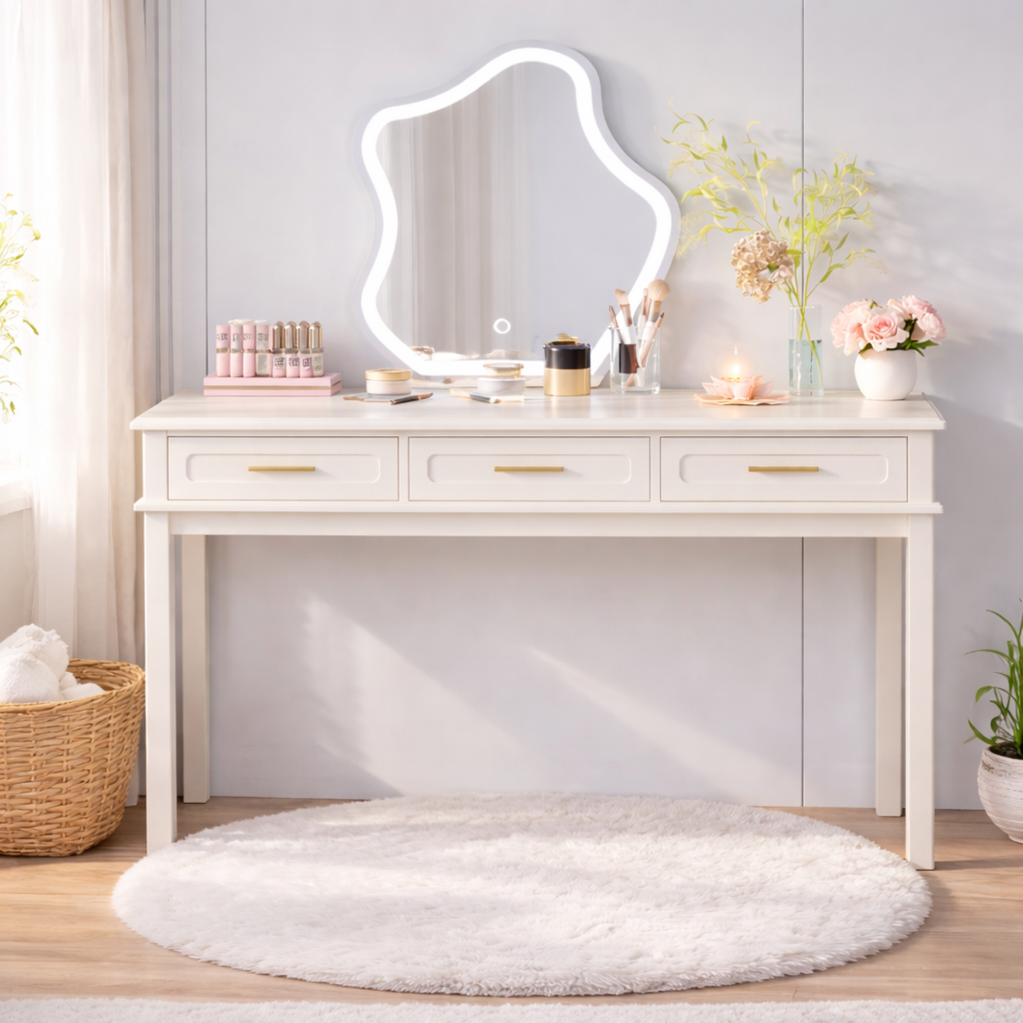 Cream White Vanity Desk With 3 Drawers, Modern Makeup Table Or Writing Desk, Multipurpose Dressing Table For Bedroom, No Mirror Included