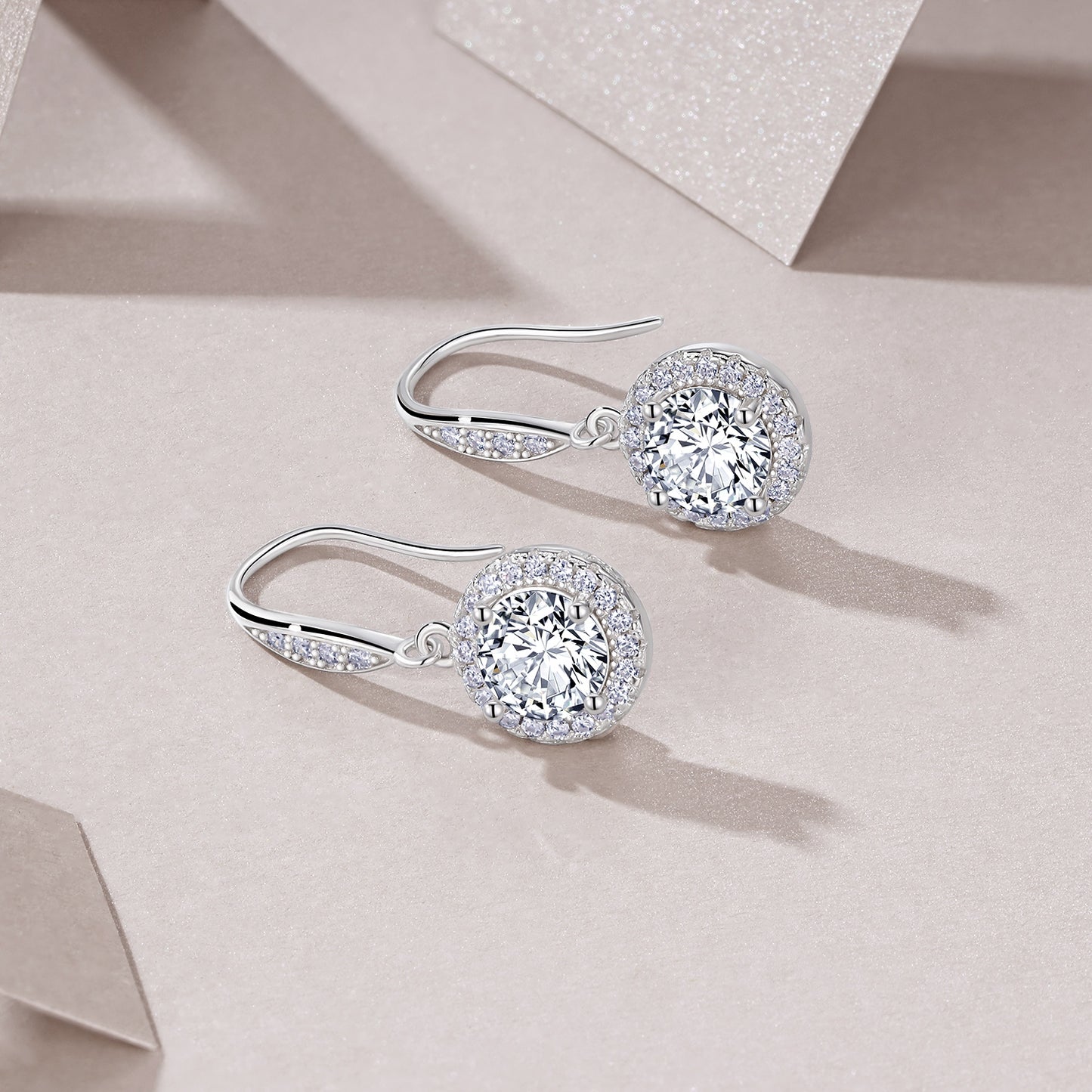 S925 Sterling Silver Halo Drop Earrings, 1ct D-VVS1 Moissanite, Lever Back Dangle With Pave Detail, Platinum Plated 3.3g, GRA Certificate Gift Box