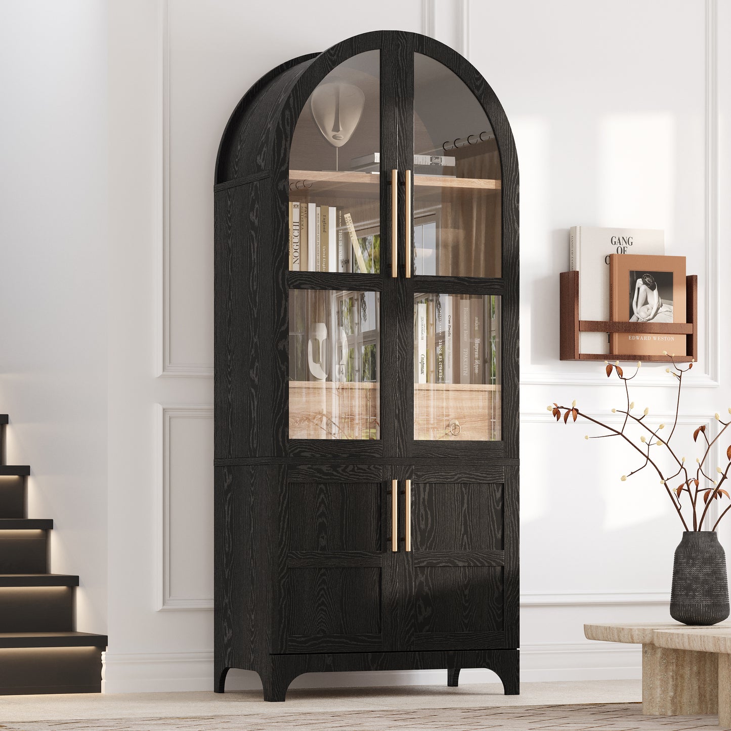 K&K 71  Tall Arched Kitchen Pantry Cabinet With Door Shelves, Farmhouse Kitchen Storage Cabinet With Open & Adjustable Shelves, Hidden Drawer & Glass Door, Cupboard For Kitchen, Dining Room, Black