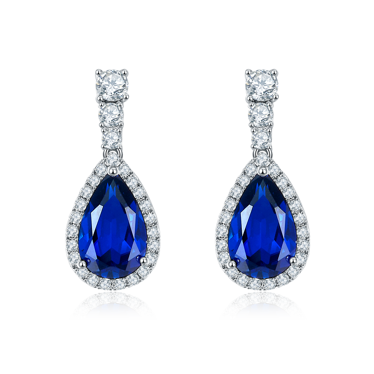 S925 Sterling Silver Teardrop Dangle Earrings, 7x11mm Lab-Grown Ruby Sapphire Emerald With Halo, Platinum Plated 3.2g Women's Jewelry Gift Box
