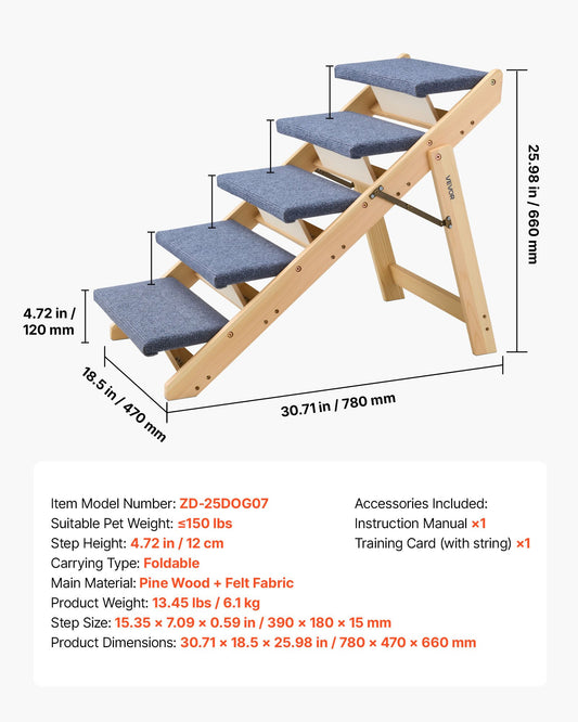 Wood Pet Stairs, 5-Step Dog Stairs For Beds, Sofa & Cars, 150lbs Load Capacity, Floded Flat Design, Stable & Sturdy Cat & Dog Step Ladder For Small Medium Large Older Pet Puppy Essentials