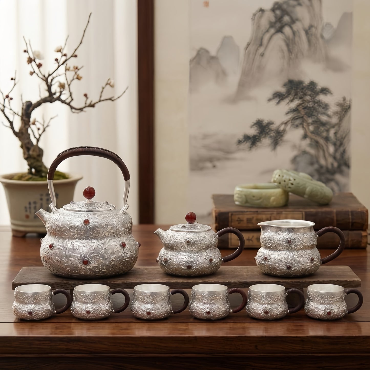 925 Sterling Silver Antique  Tea Set with Floral Engraving and Red Accents - Handicraft