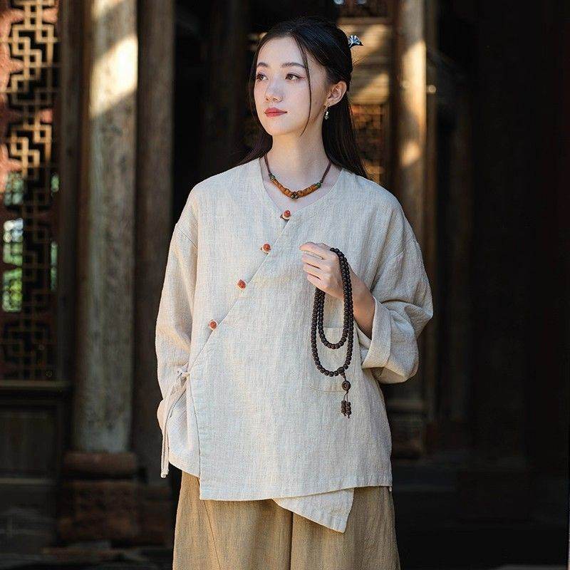 SpringSummer Travel Photography Lace-Up Jacket Short Cotton-Linen Cardigan