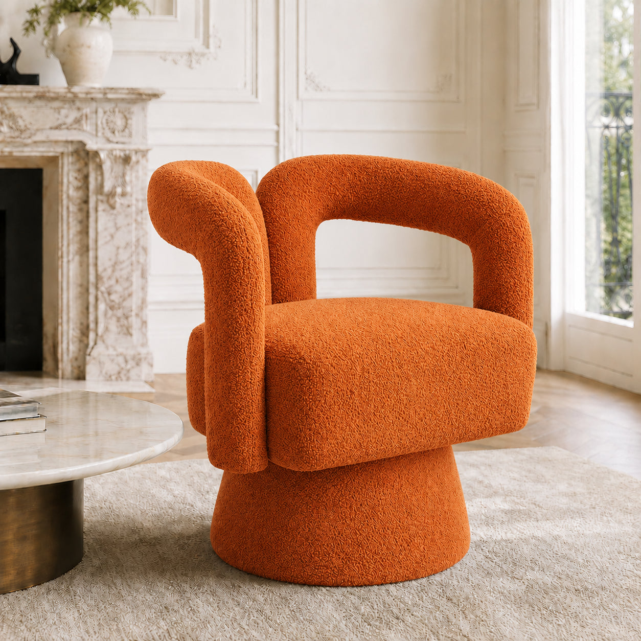 Old SKU W1880P163400 360 Degree Swivel Snuggle Barrel Accent Chairs, Round Armchairs With Wide Upholstery, Fluffy Fabric Armchair For Living Room, Bedroom, Office, Waiting Rooms