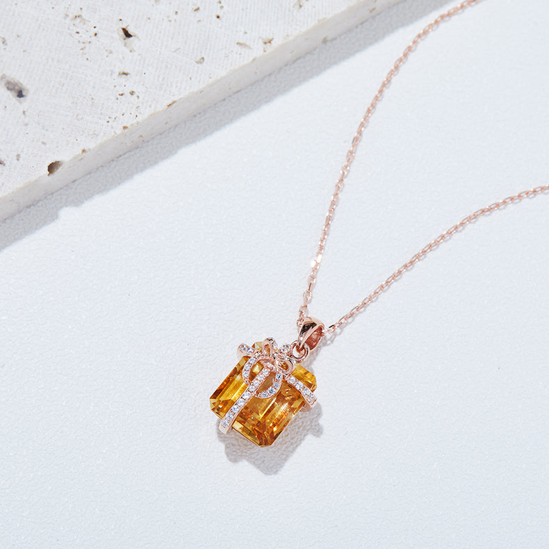 S925 Sterling Silver Gift Box Necklace, 12x10mm Natural Citrine Pendant, Platinum Plated Bowknot Design, 4g Women's Fine Jewelry With Gift Box