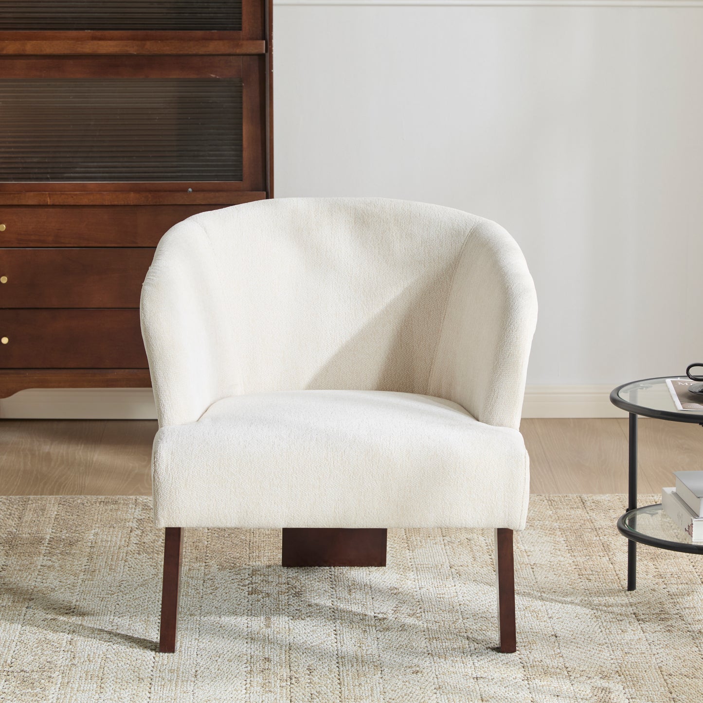Modern Accent Chair With Round Back & Wooden Legs - Mid-Century Inspired Lounge Chair For Living Room, Bedroom, Or Office - Soft Fabric Upholstery