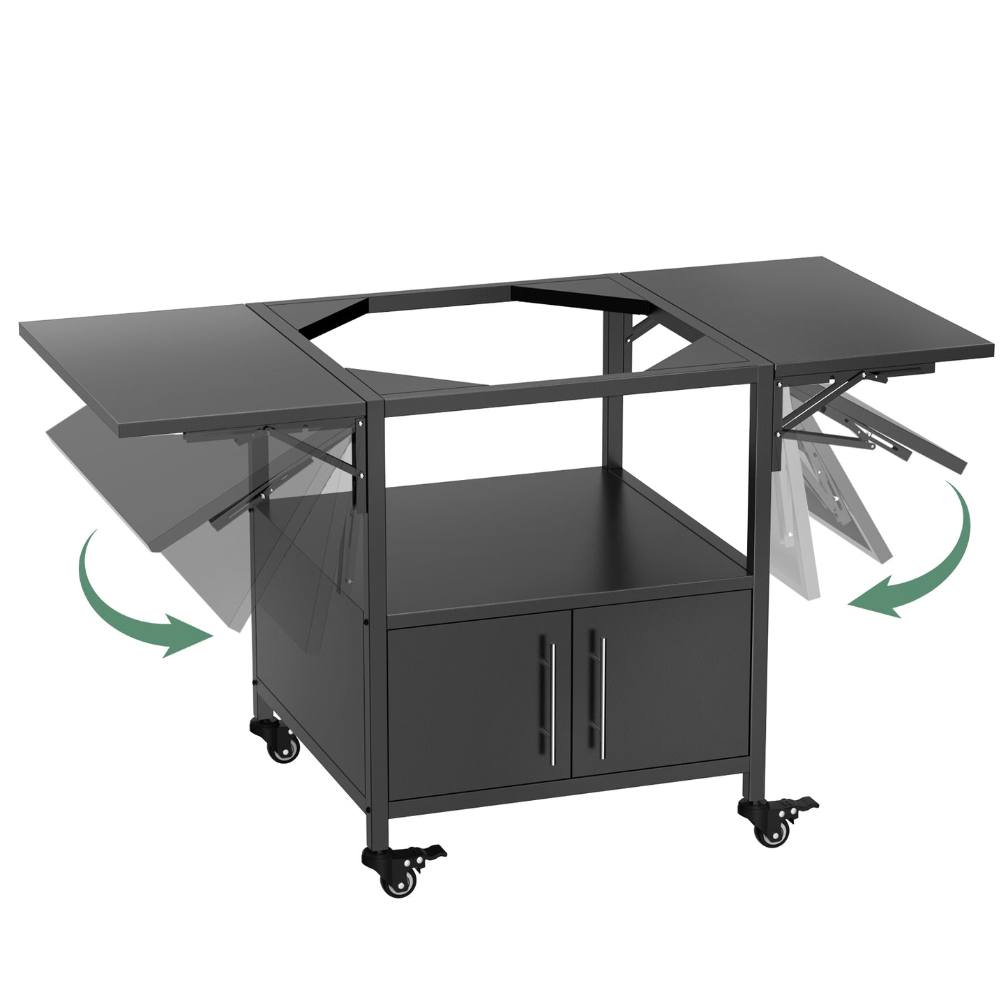 Outdoor Grill Table For Big Green Egg Style BBQ, Metal Grill Cart With 2 Folding Panels, Compatible With Up To Large Green Egg, Kamado Joe Jr
