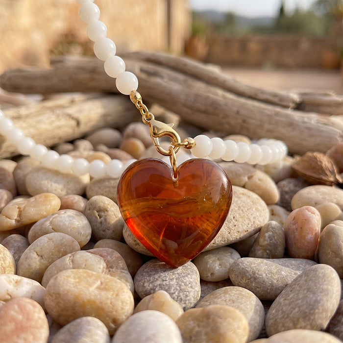 80cm Long Glass Bead Necklace For Women, 18K Gold Plated Stainless Steel Chain With Chunky Amber Brown Heart Pendant, Vintage Layering Jewelry Gift