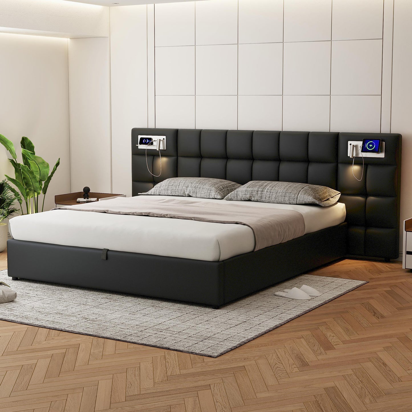 Upholstered Bed 180 X 200 Cm, Hydraulic Bed, With USB Port & Wireless Charging & Illuminated Lamp, With Storage Space, For Adults & Teenagers, Wooden Slatted Support, Easy Assembly, PU, Black