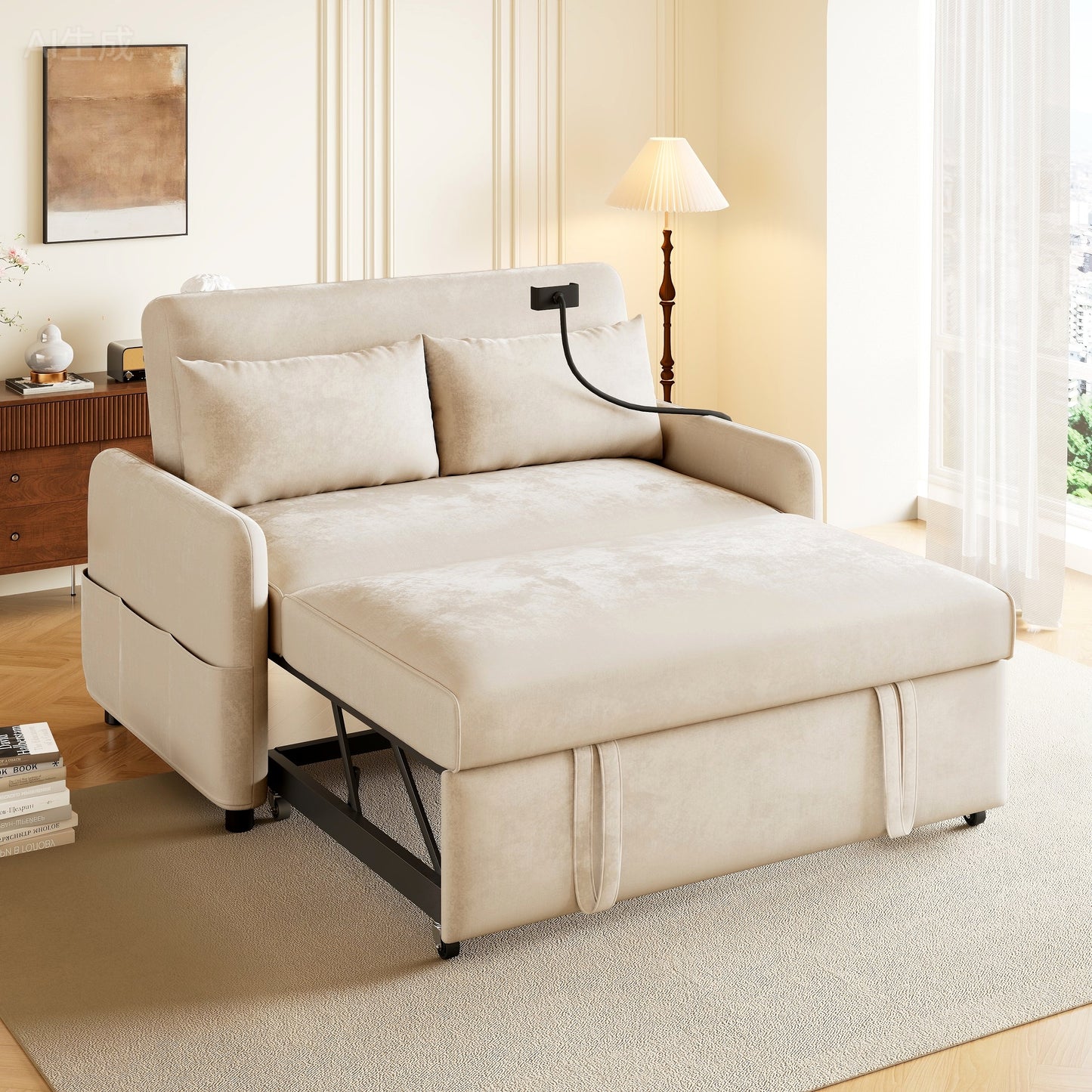 Modern Double Folding Sofa Bed, Multifunction Sofa With Sleeping Function, Adjustable Backrest, Mobile Phone Holder, USB Charging Port, Suitable For Living Room, Bedroom, Home Theater Apartment