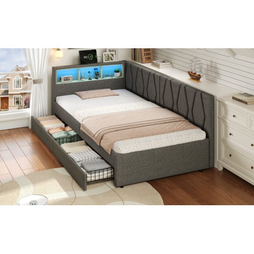 3ft Single Daybed With Two Storage Drawers, LED Modern Bed Frame With Charging Station, Linen Sofa Bed For Living Room Bedroom Study Room, 90X190cm, Easy Assembly, Grey