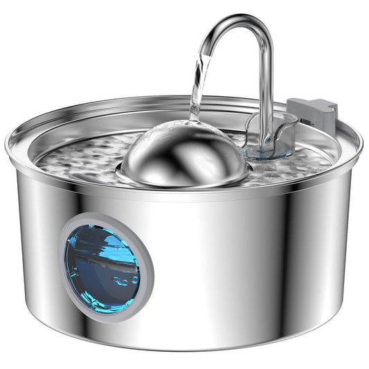 At Water Fountain Stainless Steel, 108oz 3.2L Cat Fountain, Pet Water Fountain With Water Level Window, Hemispherical Shape, Multi-Filter, Silent Pump, Water Tap, Provides Flowing Water