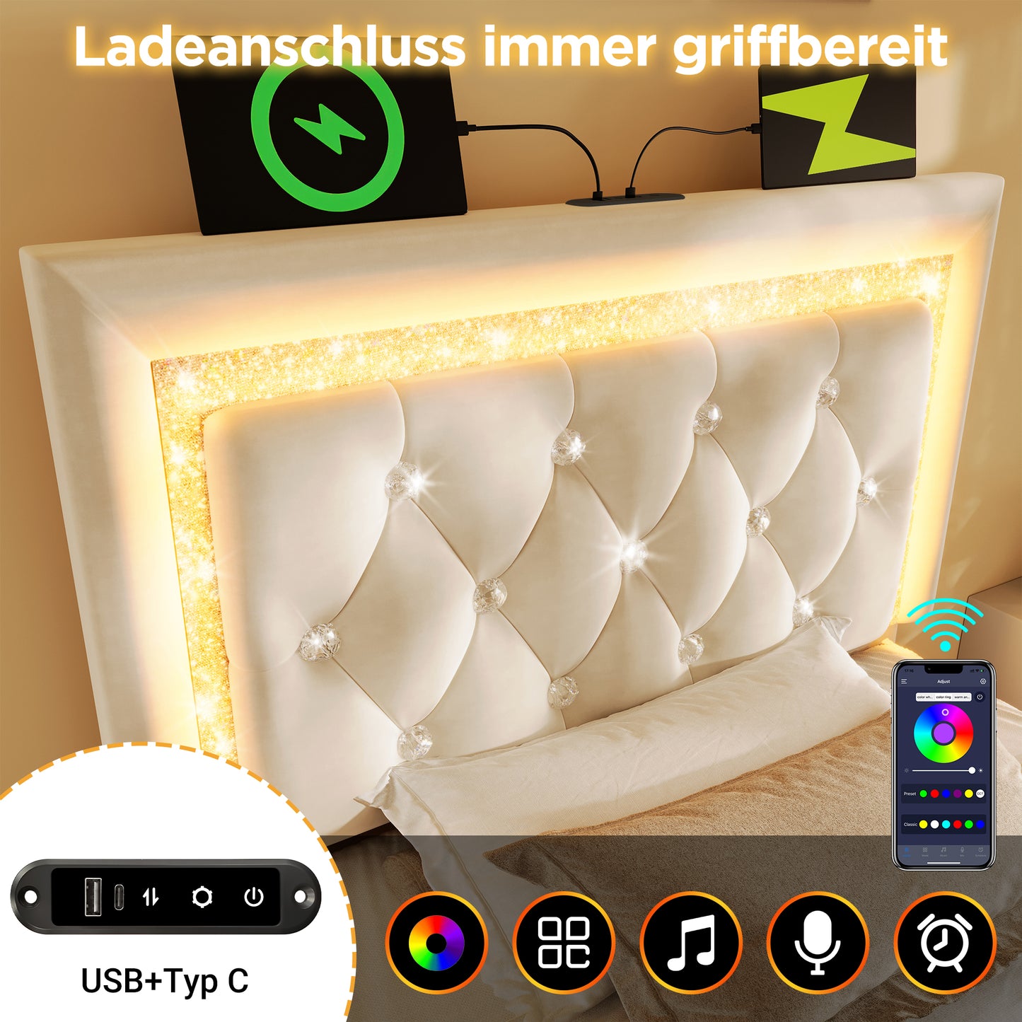 Upholstered Bed 90x200 Cm Velvet Single Bed With LED Diamond Band In The Headboard, USB & Type-C Charging Station, Hydraulic Bed Base With Storage Space, Modern Youth Bed With Slatted Frame, Beige