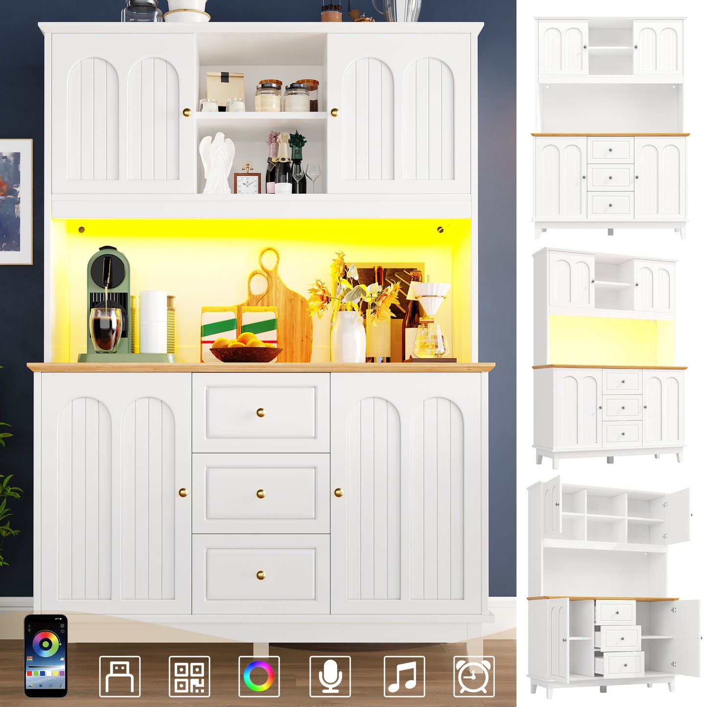 Pantry Cabinet With App Controlled LED Lights, 180cm Tall Kitchen Buffet Sideboard With 3 Drawers & Adjustable Shelves, Freestanding Storage Hutch For Dining Room & Kitchen