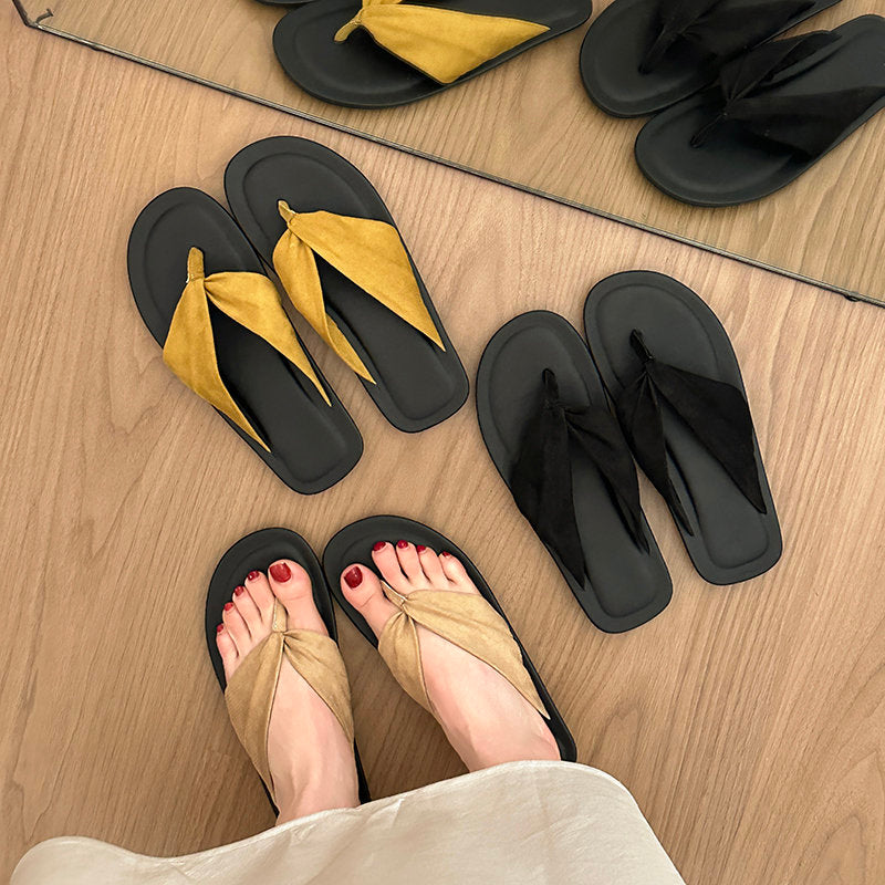 Women Minimalist Knotted Twisted Fabric Thong Flat Flip Flops, Square Open Toe Slip On Lightweight Soft Summer Beach Resort Outdoor Casual Slide Slippers