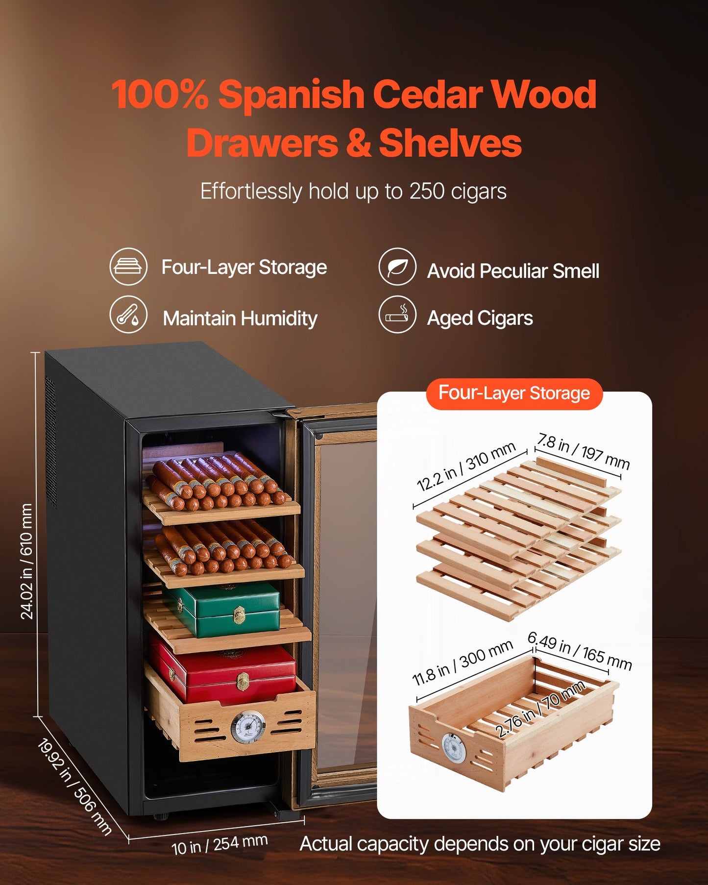 Electric Humidor, 33L, 250 Counts Electric Cigar Humidor Cabinet With Cooling Temperature Control, Spanish Cedar Wood Shelves & Drawers, Mechanical Hygrometer, 4 Layers, Cooler For Household