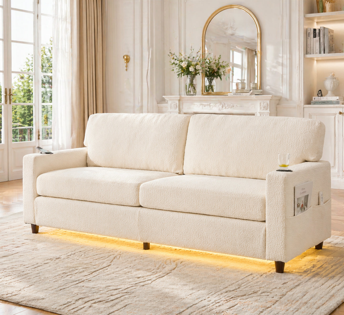 Modern 2-person Chenille Sofa With USB-C, LED Ambiance, Cup Holders And Side Pockets. Wood Metal Frame With Comfort Foam. Ideal For Living Room, Bedroom Or Office. Beige