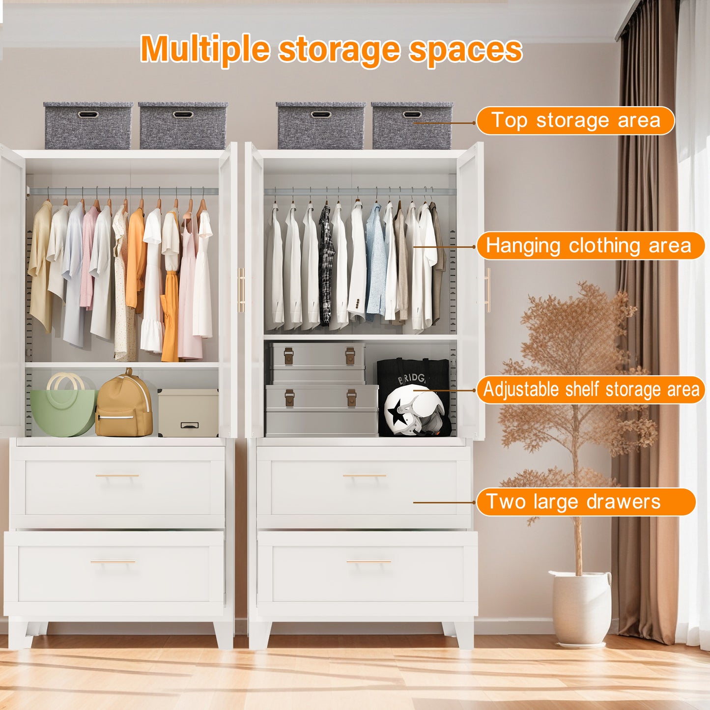71 Tall Metal Wardrobe Cabinet With 2 Drawers And Hanging Rod, 2 Doors Wardrobe Closet With Shelf For Bedroom, Office, Laundry Room,Entryway ,Foyer,Guesthouse  White