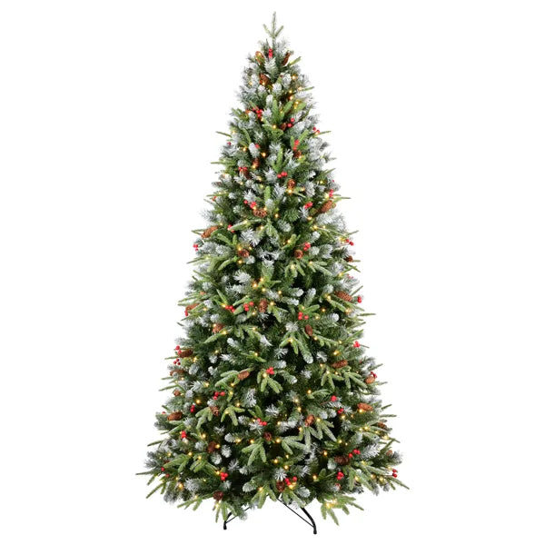 Artificial 6ft Green LED-lit Christmas Tree With 1593PE/PVC Mixed Branch Tips,Red Fruit And Pine Cone,Hinged Premium & Foldable Base For Indoor Holiday Decorating