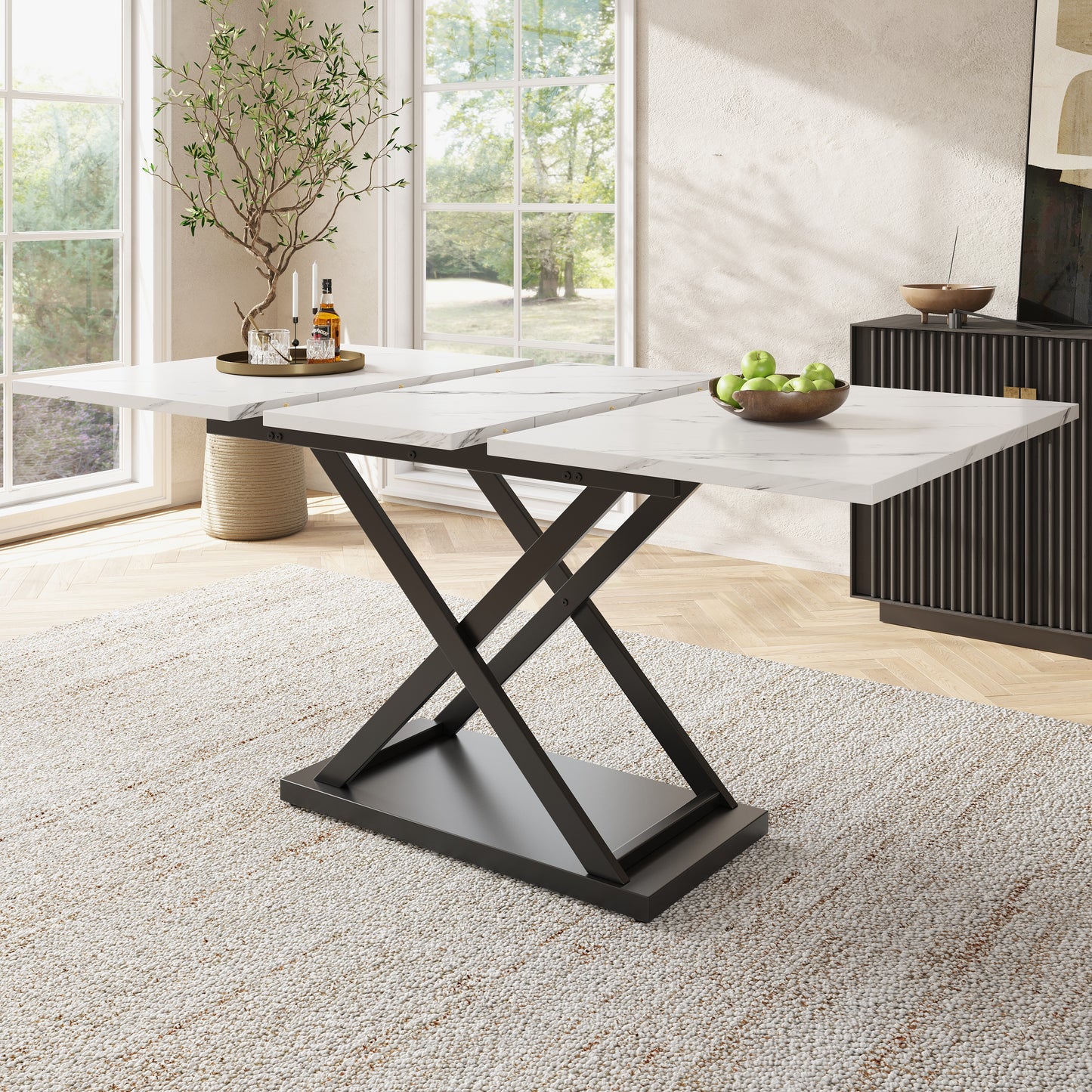 Telescopic Dining Table  120-160x80cm  ,Extendable Dining Table ,Space Saving Kitchen Table,Black Crossed Iron Legs,For Kitchen And Living Room,White Marbled Dining Table