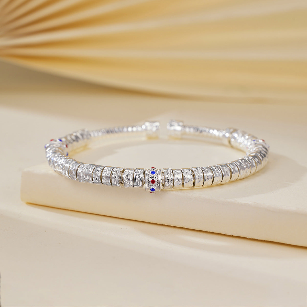 1pc S925 Silver Hammered Coiled Beaded Bangle, Retro Chinese Style, Perfect For Daily Wear & Holiday Gifts
