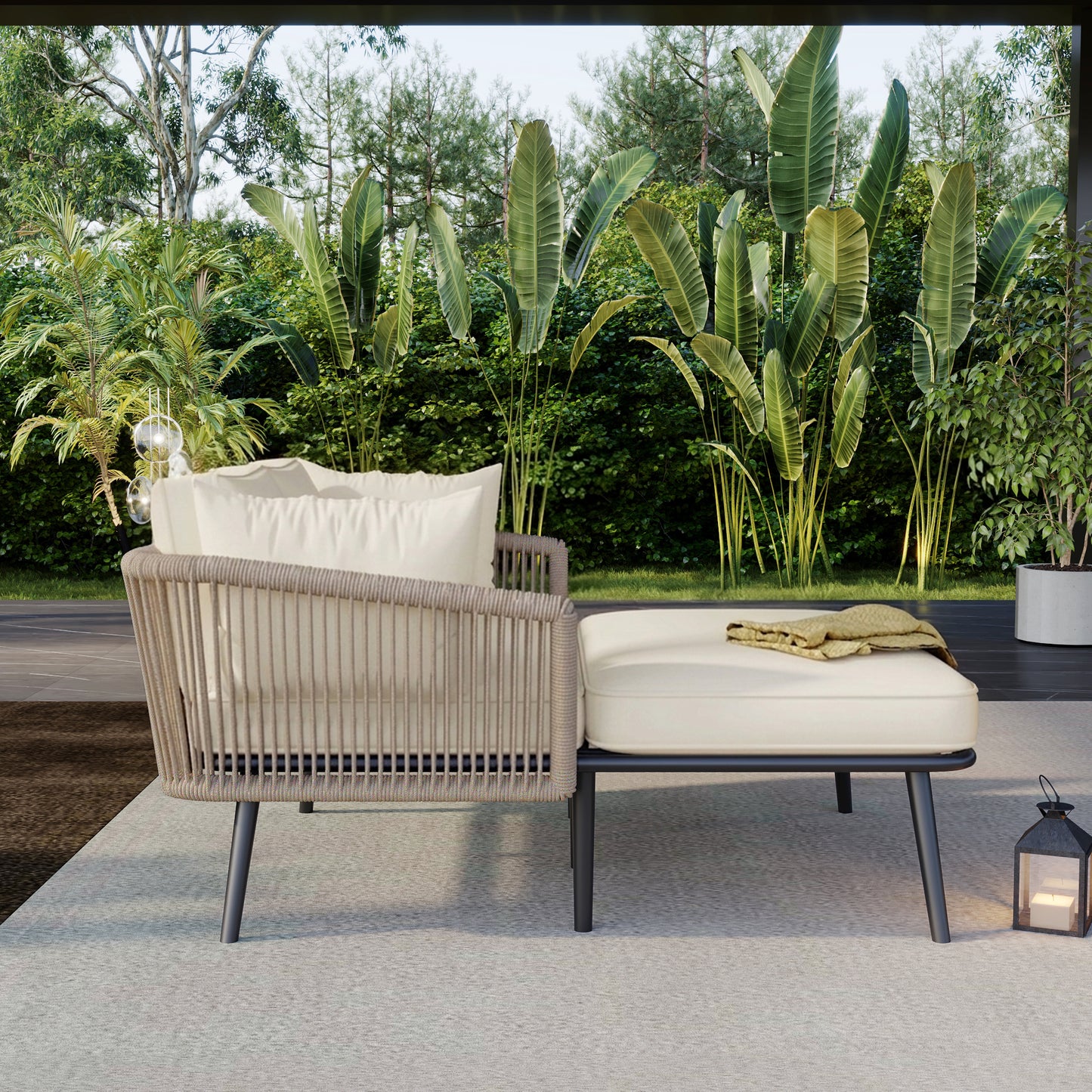 Garden Sofa With 2 Cushions And 2 Cushions,outdoor Sun Lounge, Garden Lounge, Balcony Furniture Set, Lounge Furniture, Terrace Furniture,cushions Are Removable And Washable,beige Fabric  Khaki Rope
