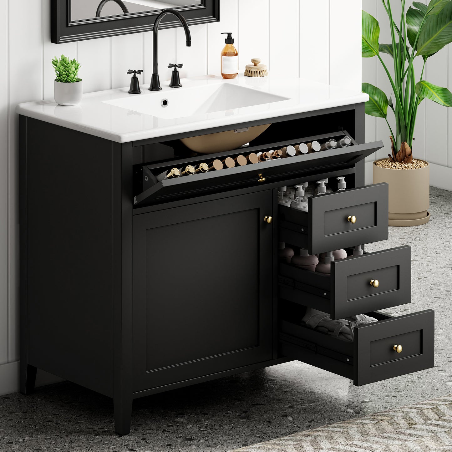 36-Inch Black Bathroom Vanity With Sink, Modern MDF And Rubberwood Cabinet With 3 Drawers And Adjustable Shelf, Freestanding Vanity For Bathroom Storage And Organization Left Door