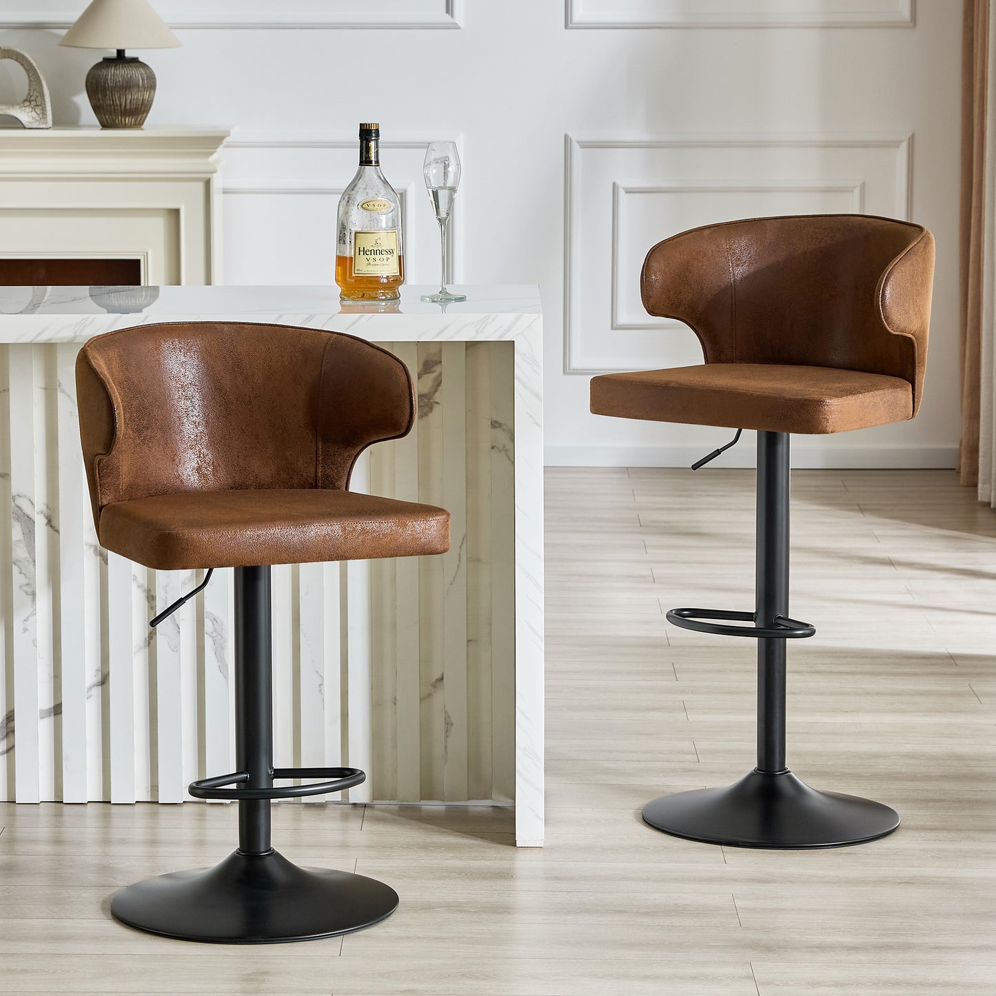 Modern Rotating Adjustable Bar Chair, Suede With Backrest Swivel Chair, Suitable For Kitchen Bar And Dining Room, Height Adjustable, Load-bearing Up To 300 Pounds  Brown -2 Pieces