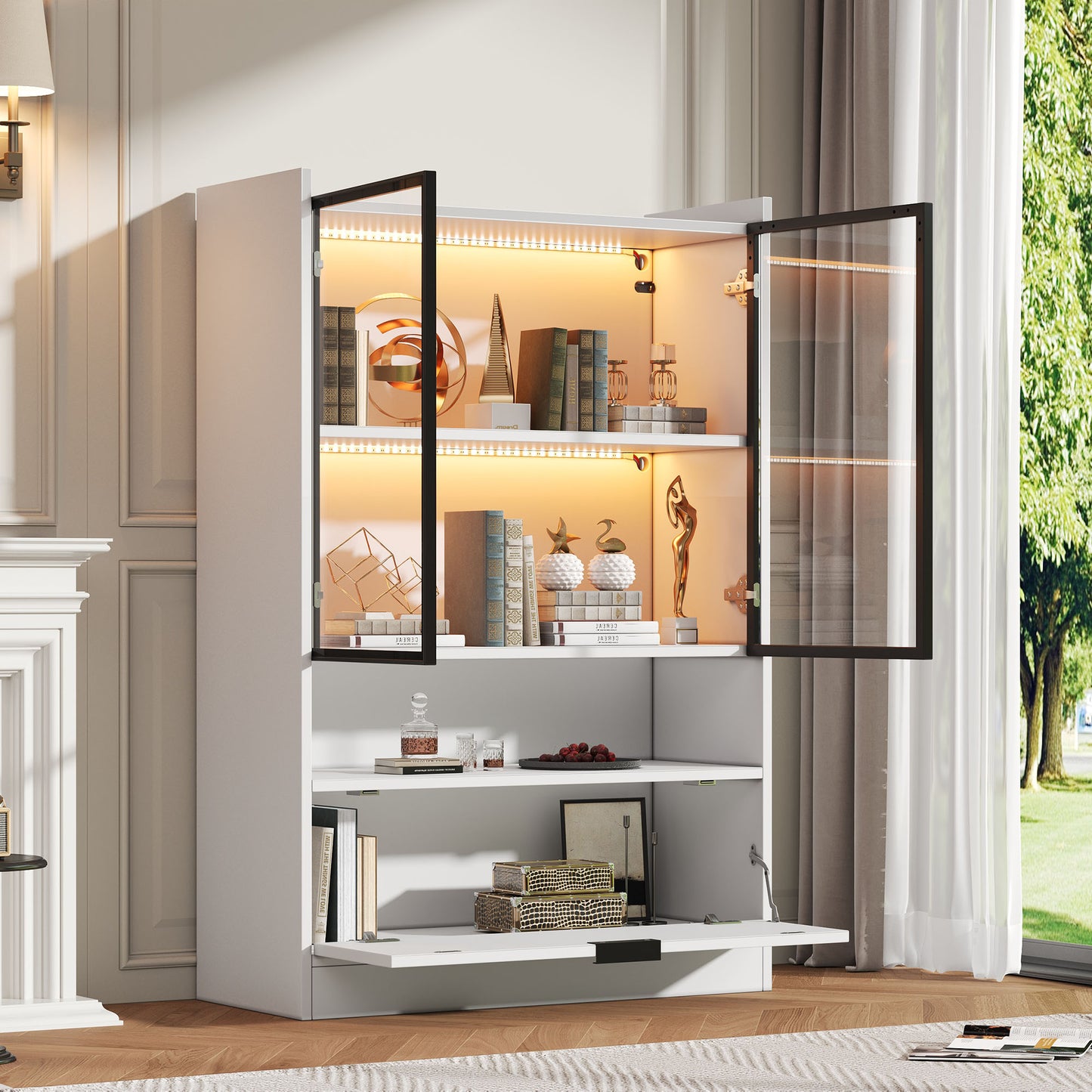 Modern LED Display Cabinet Matt Height 120cm With LED Lighting, Glass Display Cabinet Standing Display Case With Lighting, Living Room Cabinet With Glass Doors And Hinged Door, Particleboard Display C