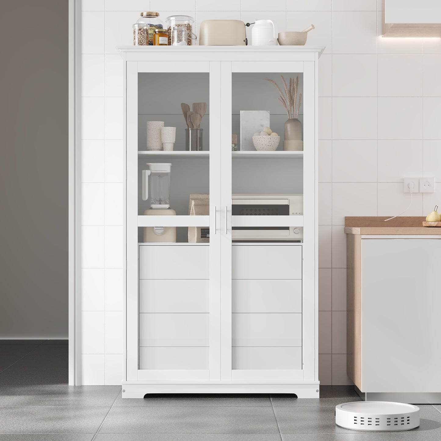 TOPMAx 44.7x20x75inch Kitchen Pantry  Freestanding Kitchen Storage Cabinet Display Cabinet With Glass Doors And 4 Built- In Drawers For Living Room  Home Office  White