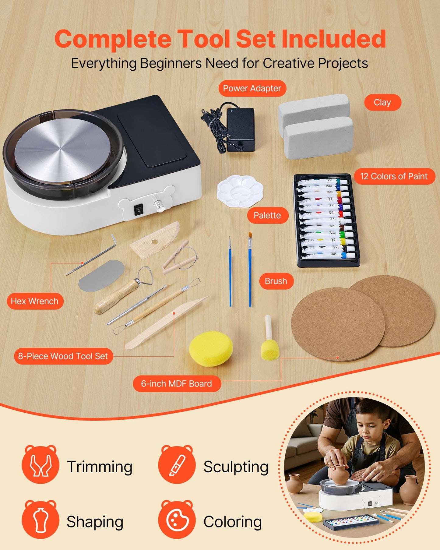 Mini Pottery Wheel, 6 Inch Turntable, Forward And Reverse Rotation, Adjustable Speed, Electric Clay Wheel For Kids And Adults, With Clay Shaping Tools, For Home DIY, Pottery Classes, White