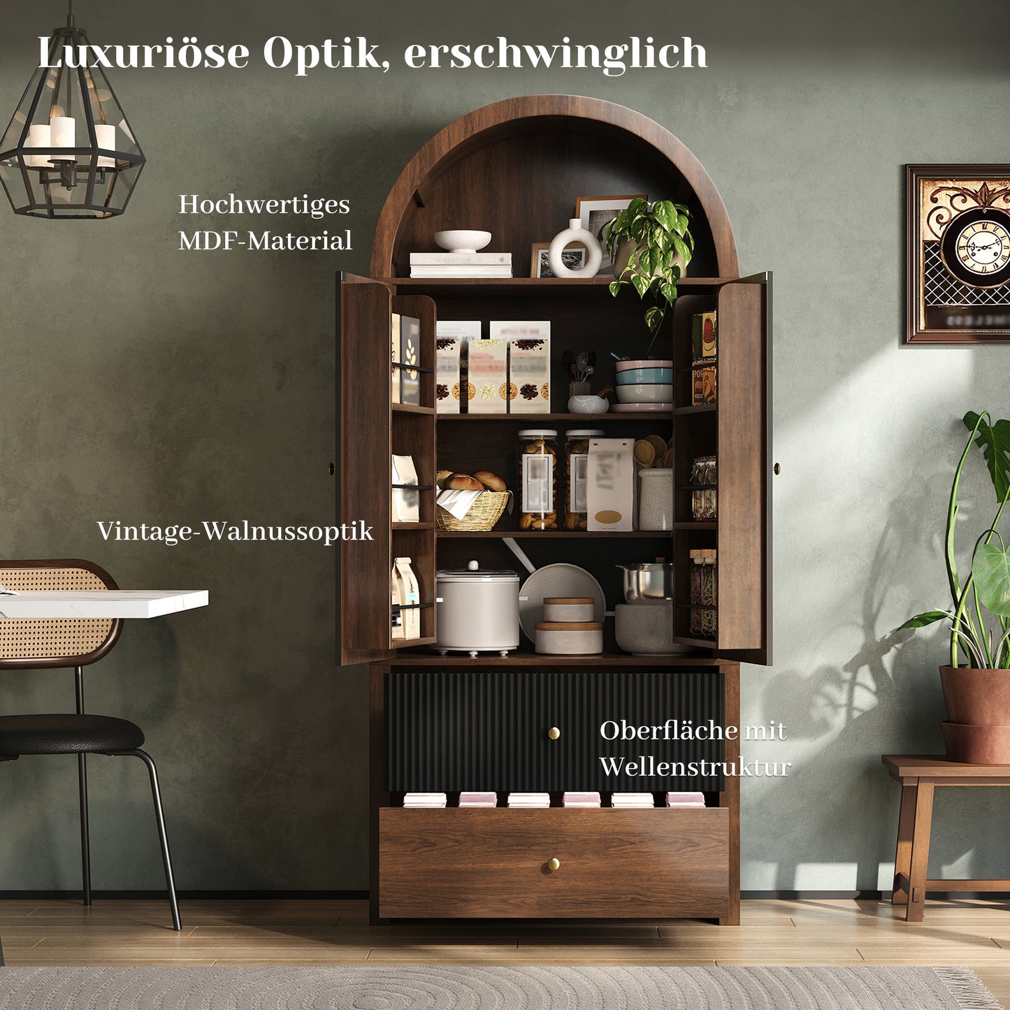 Arched Cabinet 180X80X40cm, Kitchen Cabinet, Display Cabinet, Wine Cabinet With Door Shelves, Open Top Compartment And 2 Drawers, For Kitchen, Dining Room, Living Room, Bedroom, Walnut Look